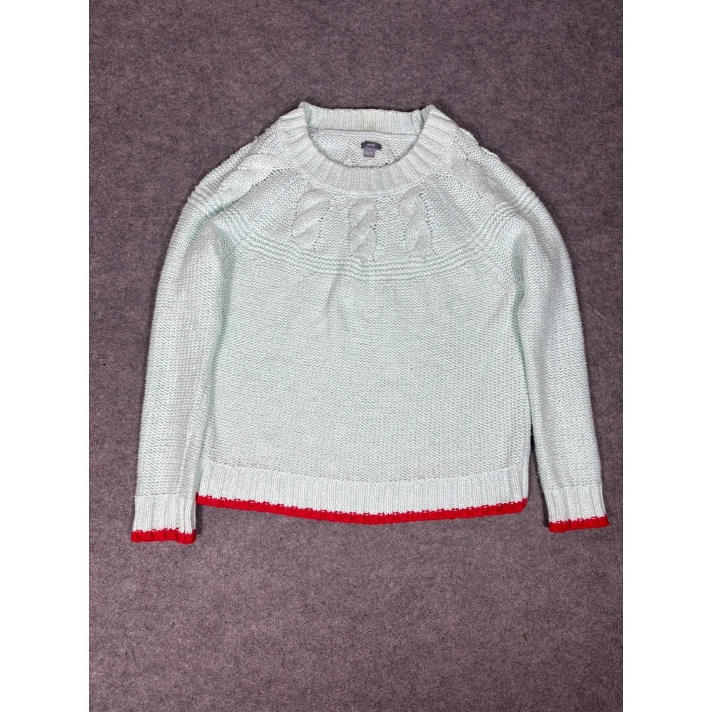 Aerie Womens Mint Green Cable Knit Sweater Red Trim Crew Neck Pullover Medium